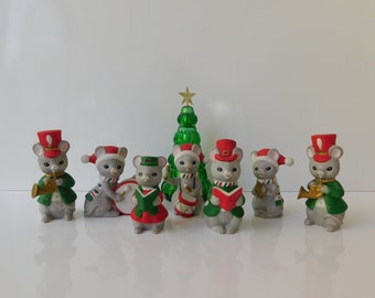 Set of 7 1984 Lefton Frisky Friends Christmas Mice Figurines with Labels, Christmas Band and Caroler Figures, Made in Taiwan