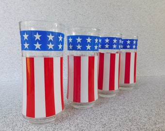 Set of 4 Libbey Stars and Stripes Glasses, Tall American Flag Glasses, Red White and Blue Patriotic Glasses