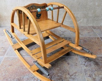 Mid Century Delphos Bentwood Teetertot Shoofly Toddler Rocker, Wooden Bouncer Seat, Child's Rocking Seat with Bead Bar