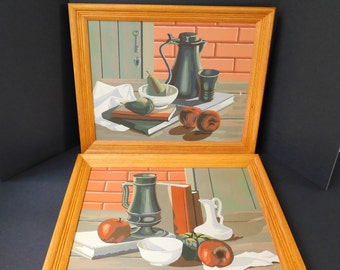 1963 Pair of Large Framed Still Life Paint by Numbers from Craft Master, PBN, 16 x 20, Books Fruit Pitcher, Kitsch Decor, Wall Hangings