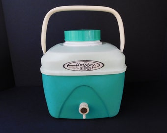 Mid Century Holiday Picnic Jug by Thermos, Light Green and Aqua, Drink Cooler, Beverage Cooler, Cabin or Lodge Decor, Camping