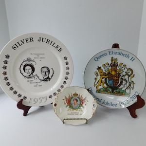 Vintage 3 Piece Queen Elizabeth II Commemorative Collectibles, Queen Elizabeth Coronation, Queen Elizabeth Silver and Diamond Jubilee