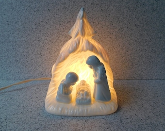 1970s Lighted White Tree with Angels and Baby Jesus, Christmas Night Light or Accent Light, Light Up Christmas Decoration, Made in Taiwan