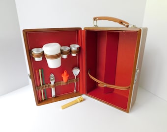 Vintage 1960s Portable Bar Box with Cups, Shot Glasses, Bottle Opener and Spoon Travel Bar