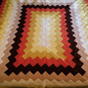 Handmade Vintage Afghan, Zig Zag Rectangle Pattern, Throw, Small Blanket, 64 x 76, 70s Colors, Yellow White Tan Brown and Light Orange