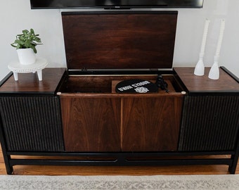 Vintage Stereo Console, unique gift for audiophile or record enthusiast interested in mid century modern furniture, meticulously reimagined.