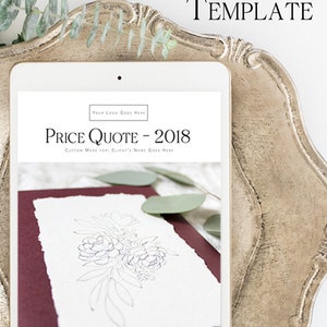 Könnte beinhalten: Ein digitales Tablet zeigt eine Vorlage für einen Projektantrag für Hochzeitspapeterie. Die Vorlage trägt den Titel "Preisangebot - 2018" und enthält Platz für ein Logo, den Namen des Kunden und Details zum Angebot. Die Vorlage enthält auch eine florale Illustration.