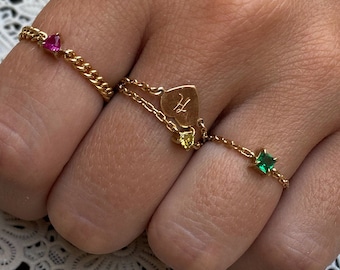 Gold Heart Initial Chain Ring - Gold Filled Stacking Ring