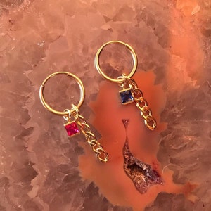 Hoop Earring with Chain - Gold Hoop with Square Stone - Ruby Hoop - Capri Hoop