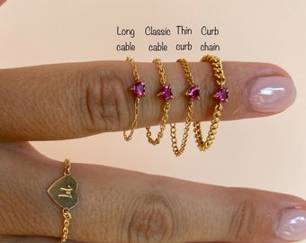Chain Ring, Gold Filled Ring with Stone, Stackable Ring, Dainty Ring, 14K Gold Filled Ring