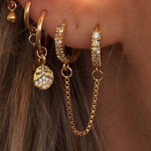 Double CZ Hoops - Double Hoop Earrings - Double Box Chain Hoops with CZ stones