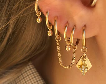 Gold Filled Double Piercing Chain Earrings - Gold Chain Hoops- Double Hoop Box Chain Earrings - Gold Filled Double Hoops - Double Earring