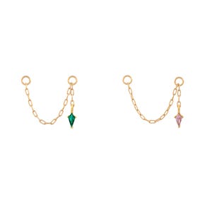 May include: Two gold-colored chain earrings. One earring features a green gemstone, and the other has a pink gemstone. Each earring has a small chain connecting two circular loops.