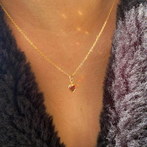 Op de afbeelding: Een goudkleurige ketting met een kleine, hartvormige hanger. De hanger heeft een rode edelsteen. De ketting wordt gedragen tegen een donkere, getextureerde achtergrond.