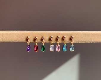 Gold Filled Stud Earrings - Birthstone Earrings - Stud Earrings with Charm - Minimalist Dangle Earrings -  Birthstone Baguette Studs