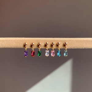 Gold Filled Stud Earrings - Birthstone Earrings - Stud Earrings with Charm - Minimalist Dangle Earrings -  Birthstone Baguette Studs