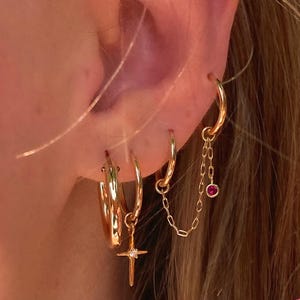 Gold Filled Double Piercing Chain Earring, CZ Dangle Chain, Hoop to Stud Connector Chain, Ear Cuff Chain, Minimalist Gold Jewelry