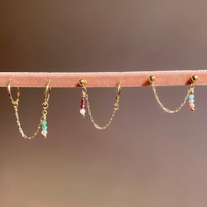 Corrente para piercing banhada a ouro | Corrente para brinco de cartilagem | Brinco com corrente dupla para piercing | Corrente para piercing | Corrente para piercing com pedras preciosas