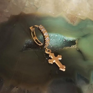 Cross Hoop Earring - Gold Cross Hoop - Cross Hoop Earring with stones - CZ hoop