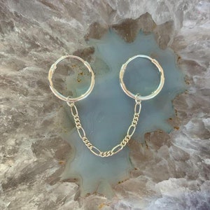 Double Hoop Earring – Sterling Silver Connected Hoops with Figaro Chain – Chain Piercing Earring