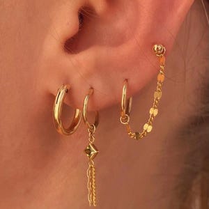 Catena per orecchini – Catena doppia per piercing riempita in oro 14K – Ciondolo aggiuntivo con disco di paillettes – Gioielli con catena per piercing