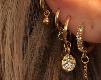 Hoop Earrings with Charm - Small Gold Hoops - Gold Earrings with Peace Charm - Gold Hoops with Disc Charm