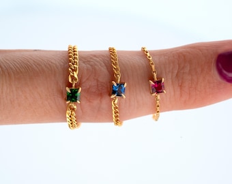 Chain Ring, Gold Filled Ring with Square Stone, Stackable Ring, Dainty Ring, 14K Gold Filled Ring