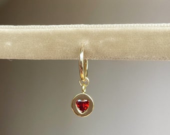 Gold Ruby Heart Hoop - Gold Ruby Heart Hoop Earrings - Gold Filled Heart Hoop Earrings -