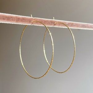 Può includere: Un paio di orecchini a cerchio color oro. Gli orecchini sono sottili e hanno una superficie strutturata, che cattura la luce. I cerchi sono sospesi su uno sfondo rosa chiaro e morbido.