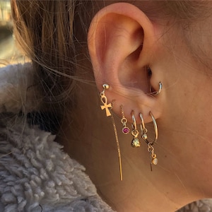 May include: Close-up of an ear with multiple gold earrings. The earrings include a small stud, a hoop, a dangling ankh, a chain with a red gem, and other charms. The ear is set against a blurred background.