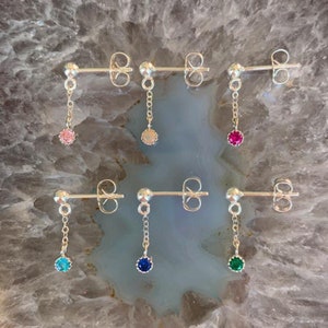 Chain Earring Stud with CZ stone | Silver Chain Earring | Sterling Silver Stud Earring | Chain Stone Earring