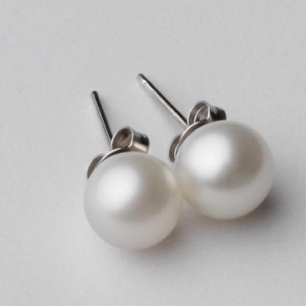 Pearl Earrings - 8 mm White Shell Pearl Stud Earrings with sterling silver post,  fresh water pearl earrings, JEW0000178