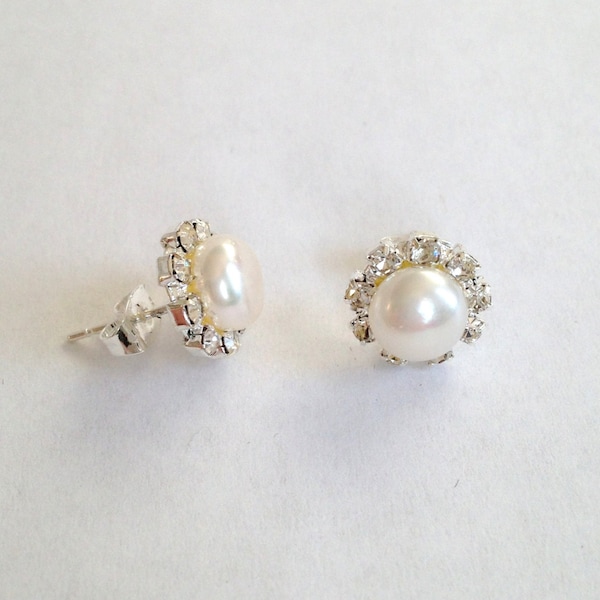 Pearl Earrings - 8 mm White Freshwater Pearl Stud Earrings with rinestones around, fresh water pearl earrings, JEW000078