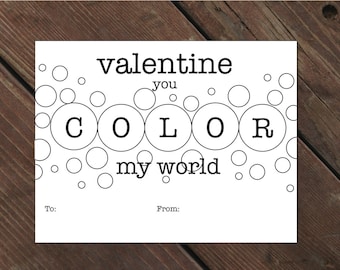 Instant Download DIY Kids Valentine Cards. Printable Valentines for Children.  You Color my World. Kids Valentine&#39;s Day Card
