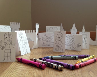 Instant Download Princess Knight and Castle Printable. Rainy Day Activity. Party Favor. Finger Puppets. Coloring Page for Children
