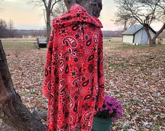 Red Paisley Cape, Poncho Wrap, Red and Black Hooded Poncho, Hooded Cape, Red Paisley Cloak, Red Cape, Paisley Poncho