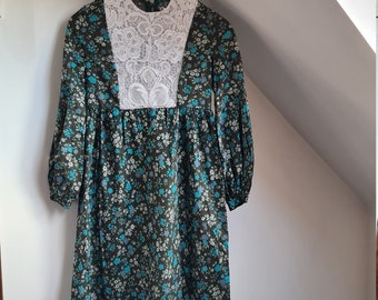 Vintage 1960s Restored Handmade Peasant Style Green Floral Dress UK 8/10
