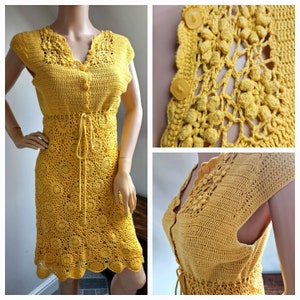 Vintage 1960s Mustard Yellow Crochet Short Sleeved Dress UK 12