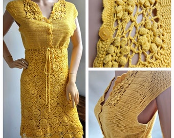 Vintage 1960s Mustard Yellow Crochet Short Sleeved Dress UK 12