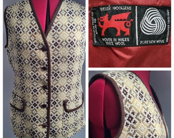 Vintage 1960s Beige & Brown Welsh Tapestry Woolen Waistcoat UK 14/16