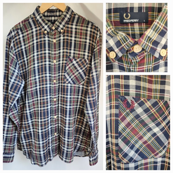 1990s Fred Perry Warm Brushed Cotton Blue Checked Shirt L