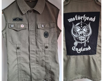 Vintage Military Style Green Gilet with Motorhead Patch & Pin Badges 38"