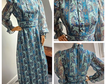 Gorgeous Green & Blue Patterned Prairie Style 1970s Vintage Dress with Sheer Sleeves UK 12/14