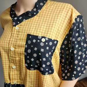 Reworked Shorts Sleeved Yellow and Black Shirt with Flounce L