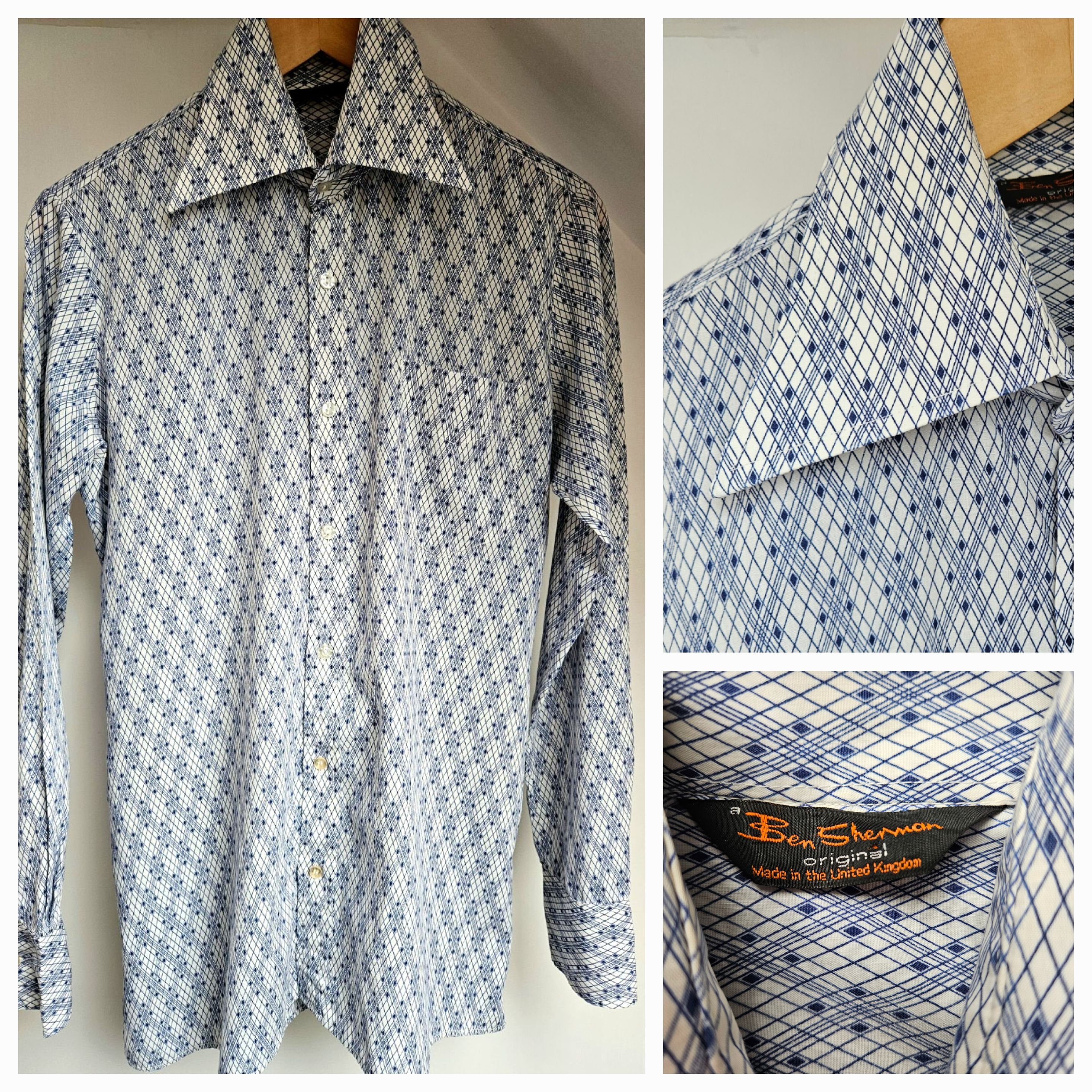 Geometric Collar Shirt - Blue Ben 40 Vintage Sherman Etsy Print Dagger