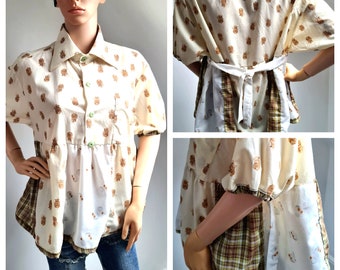 Reworked Vintage Print Shirt Smock Top One Size