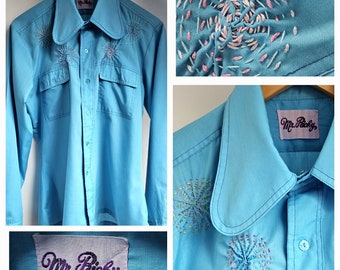 Vintage 1960's Bright Blue Shirt with Smocked Yolk Feature 42" chest