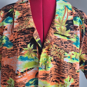 Vintage 1980s Bold Orange and Yellow Treasure Island Print Short Sleeved Hawaiian Shirt XXL