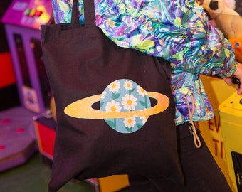 Planet Daisy Tote Bag Black Eco Resuable Shopper Daisies Flower Print Space Outerspace Grunge Goth Accessories
