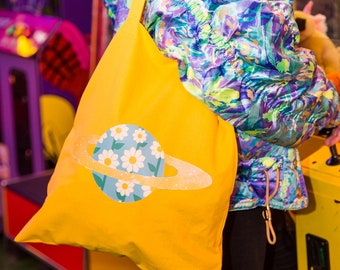 Planet Daisy Tote Bag Eco Resuable Shopper Yellow Mustard Daisies Flower Print Space Outerspace Grunge Goth Accessories